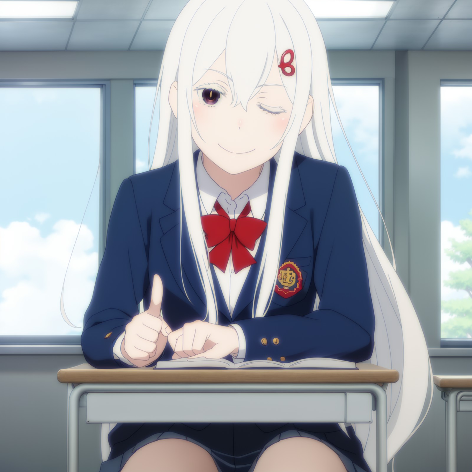 Echidna,school uniform,solo,looking at viewer,one eye closed,smile,finger to mouth,sidelocks,classroom,sitting,on school d...